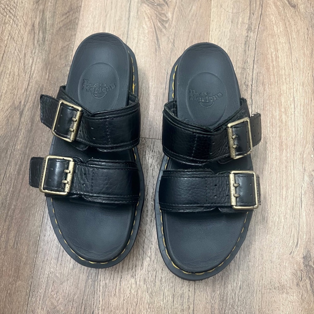 Dr. Martens Myles II Black Leather Platform Slide Sandals Brass Buckle Womens 7